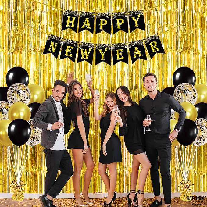 KatchOn, New Years Eve Party Supplies 2026 - Huge, Pack of 29 | Happy New Year Banner, Gold Fringe Backdrop Curtain, New Year Balloons Latex for New Years Decorations 2026 | Nye Decorations 2026