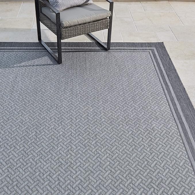 Gertmenian Indoor/Outdoor Flatweave Area Rug - 9x13 Extra Large, Stain & UV Resistant, Ideal For Deck, Patio, Poolside, Mudroom - Simple Border, Silver Grey, 21978