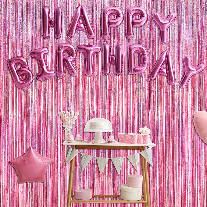 4 Pack Pink Backdrop, 3.28 FT x7.05 FT Foil Fringe Curtains, Metallic Glitter Pink Streamer Fringe Backdrop Foil Curtains, Laser Pink Birthday Party Valentines Day Decorations Bachelorette Decor