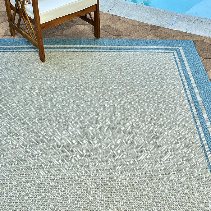 Gertmenian Indoor/Outdoor Flatweave Area Rug - 5x7 Standard, Stain & UV Resistant, Ideal For Deck, Patio, Poolside, Mudroom - Border, Aqua Blue, 21563