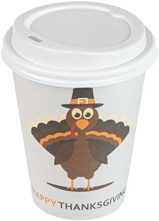 Restaurantware-Restpresso 12 Ounce Thanksgiving Party Cups, 400 Disposable Hot Cups With Plastic Lids - Turkey Design, Rolled Rim, Paper Coffee Cups, Single Wall, Serve Hot And Cold Drinks