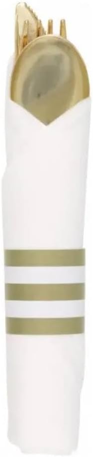 Premier Stylz Gold Pre-Rolled Plastic Cutlery Sets - 10 Set - Includes Fork, Knife, Spoon Rolled in Linen Napkin – Disposable Party Tableware
