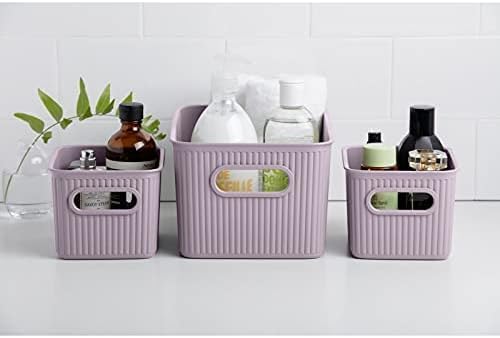 Decorative Plastic Basket Open Home Storage Bins Organizer, Lilac (Set of 3) 1 Medium, 2 Small - Container Boxes for Organizing Closet Storage Bins for Shelves Drawer Shelf - Ribbed Collection