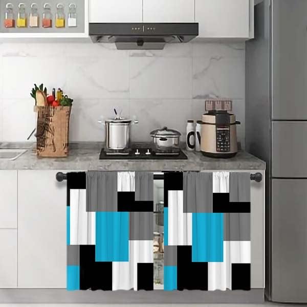 MCALK Light Blue Blackout Kitchen Curtains Tiers Set 2 Piece for Windows Grey and Black Kitchen Window Curtains Set,White Modern Abstract Art Valances for Living Room(24" Tiers Set)