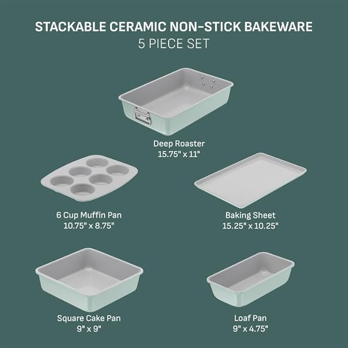 T-fal Refresh Ceramic Nonstick Baking Pans Set (5 Pieces), Roaster, 6-Cup for Muffins, Loaf, Square Baking Sheets Non Stick, Stackable Bakeware Sets, Mint Green