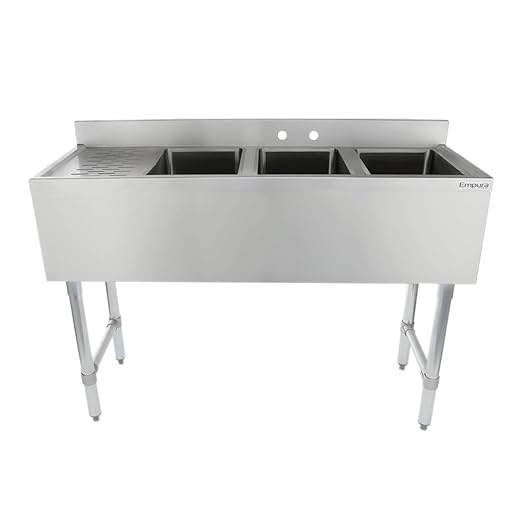 Empura 10" x 14" Stainless Steel Three Compartment Underbar Sink | Heavy-Duty Commercial Kitchen Bar Basin with 3.5" Drain Basket for Laundry | 12" Left Drainboard, 10"L X 14"D X 10"H, 18 Gauge, NSF
