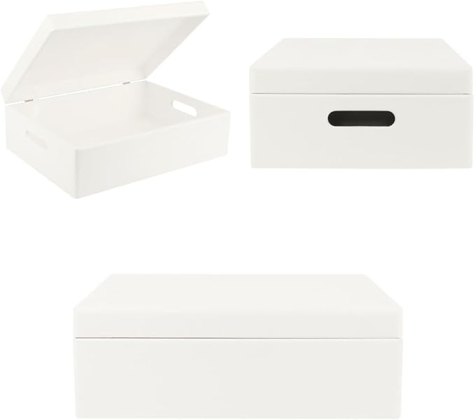 Creative Deco XL White Wooden Box Storage with Hinged Lid | 15.8x11.8x5.5in (+-0.5) | Keepsake with Handles | Gift Box for Tool Dog Toy Kitchen Storage | Wood Chest Trunk