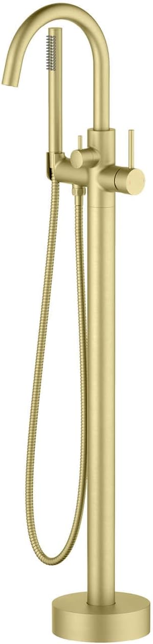 KIBI Circular Floor Mount Bathtub Faucet with Hand Shower | Single Handle Freestanding Tub Filler | Modern Bath Faucet for Tub and Shower | Brushed Gold Finish, KTF301