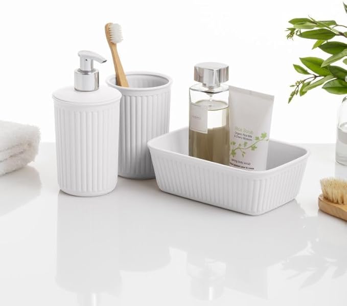 Decorative Plastic Bathroom Accessories Set, White (Set of 4) Soap Dish, Liquid Dispenser, Toothbrush Holder Cup, Vanity Organizer Tray - Bath Accessory Countertop Decor Gift - Ribbed Design
