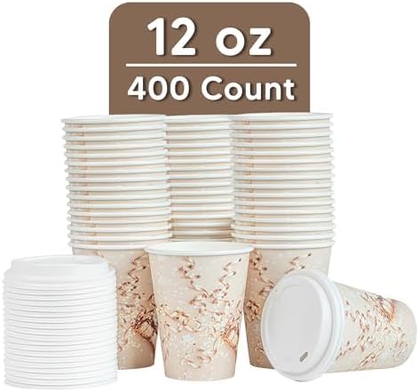 Restaurantware-Restpresso 12 Ounce New Year’s Eve Party Cups, 400 Hot Cups With Plastic Lids - Rolled Rim, Single Wall, Disposable Paper Coffee Cups, Sustainable, Serve Hot And Cold Drinks