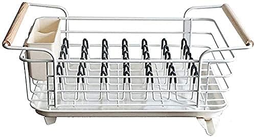 Anti Rust Dish Drainer Rack Small Drainer with Removable Drain Board and Swivel Spout Utensil Holder for Kitchen Counter and Sink Wood Handle Cutlery Basket Drain Shelf