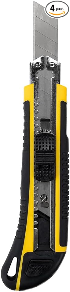 Handy Tek 6.7 Inch Utility Knives, 4 Heavy Duty Box Knives - Retractable, Built-In Lock, Yellow Plastic Box Cutters, Sharp Blade, For Opening Boxes And Packages - Restaurantware