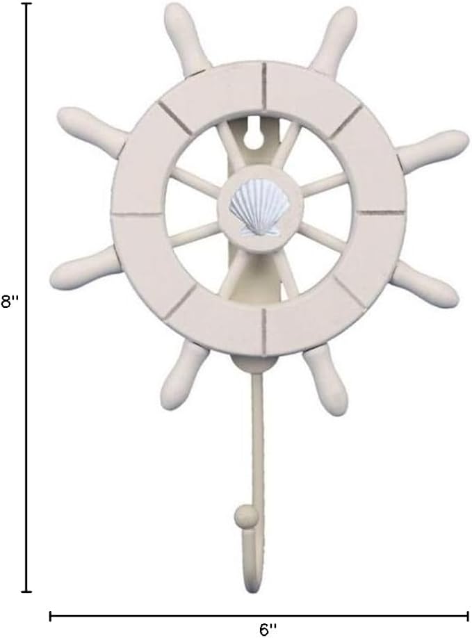 Handcrafted Nautical Decor White Decorative Ship Wheel with Seashell with Hook 6" - Wooden Ships Wheel - B