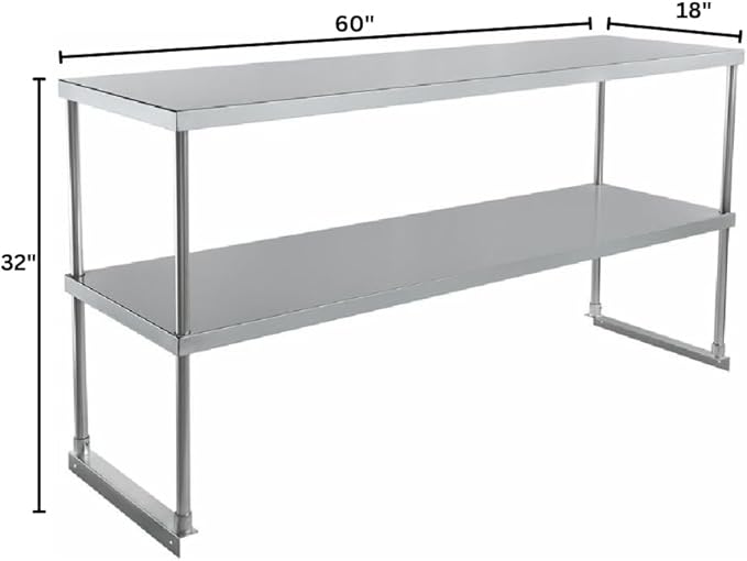 Empura 60" Wide Double Deck Stainless Steel Table-Mount Overshelf with Mounting Bracket | Prep Work Table Rack Shelve for Restaurant Garage | 1.5" Thick Shelf Deck, 60"W x 18"D x 32"H, 18 Gauge, NSF