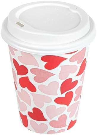 Restaurantware-Restpresso 12 Ounce Disposable Coffee Cups, 20 Valentine’s Day Cups With Plastic Lids - Red And Pink Heart Print, Rolled Rim, Paper To Go Cups, Single Wall, Serve Hot And Cold Drinks