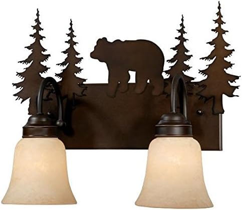 VAXCEL Bozeman 2-Light 16.75 inch Wide Burnished Bronze Rustic Cabin Bathroom Vanity Lighting Fixture, Amber Flake Glass Shade, Bear and Trees, Dimmable, LED Compatible, Over the Mirror Wall Mounted