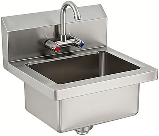 GarveeTech Commercial Stainless Steel Hand Wash Sink, Small Wall Mount or Drop-in Handwashing Basin with Swivel Faucet, 3-Side Backsplash, Drain Kit for Restaurant Kitchen Bar Garage