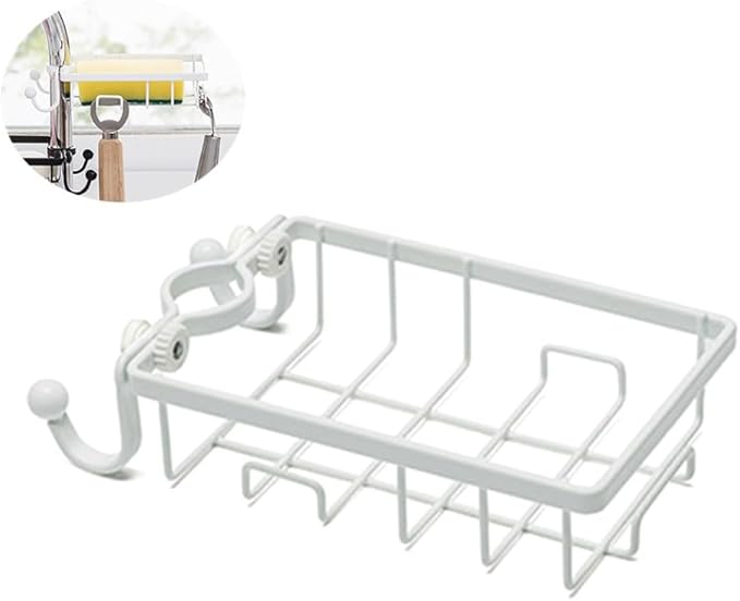 Faucet Storage Rack with Rust-resistant Plastic and Iron Wire Sponge Holder for Kitchen Sink Dishcloth Organizer with Hooks Easy Installation Without Drilling White