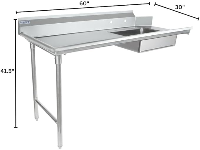 Empura 60" Wide Stainless Steel Soiled Dishtable with Backsplash | Straight Design Left Hand Side Commercial Worktop table for Restaurant Diner Cafeteria Kitchen | 60"W x 30"D x 41.5"H, 16 Gauge, NSF