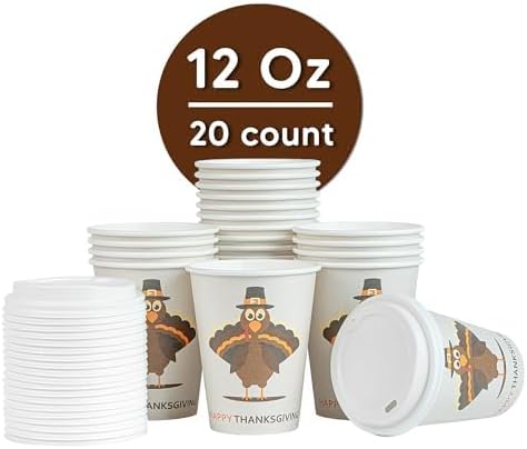 Restaurantware-Restpresso 12 Ounce Thanksgiving Party Cups, 20 Disposable Hot Cups With Plastic Lids - Turkey Design, Rolled Rim, Paper Coffee Cups, Single Wall, Serve Hot And Cold Drinks