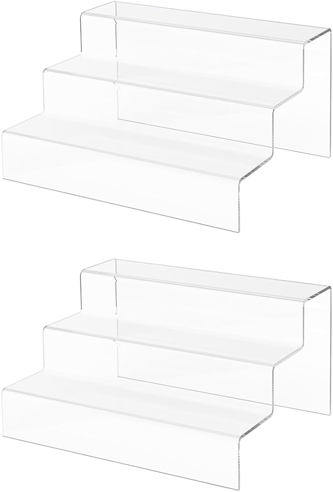 Marketing Holders 2 Pack Clear Acrylic Multi Level Riser Portable Retail 3 Tiered Fixture 9 Inch Wide by 7.75 Inch Deep Small Goods or Samples Multi Shelf Showcase