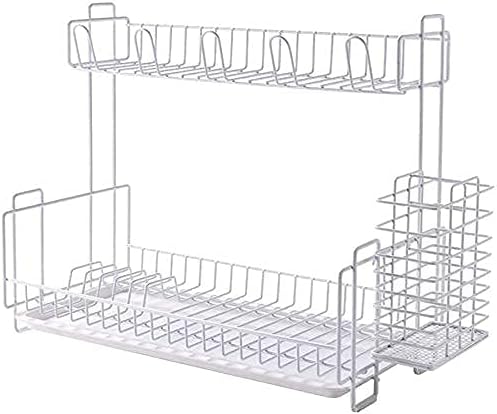 Anti Rust Dish Drainer Rack 2 Layer Anti-Rust Set with Removable Drain Board and Glass Holder for Kitchen Counter Top Modern Organizer Cutlery Basket Drain ShelfWhite
