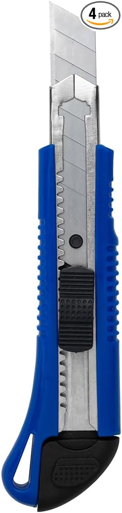 Handy Tek 6.5 Inch Utility Knives, 4 Anti-Slip Box Knives - Heavy Duty, Retractable, Blue Plastic Box Cutters, Built-In Lock, Sharp Blade - Restaurantware