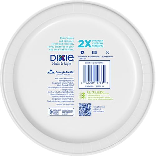 Dixie Medium Paper Plates,8.5 Inch,2X Stronger,Microwave-Safe,Soak-Proof,Cut Resistant,Disposable Plates For Everyday Breakfast,Lunch,& Dinner Meals,90 Count (Pack of 6)