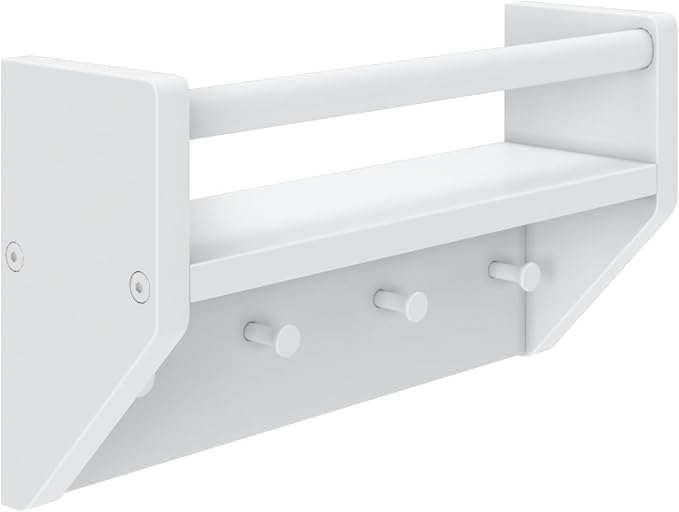 Max & Lily Wall Shelf with Pegs, 16 Inch Floating Bookshelf for Kids Room, Solid Wood Wall-Mounted Storage Shelf with Hooks for Backpacks, Jackets & Décor, White