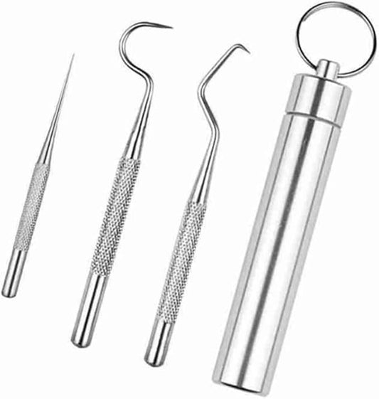 AKOAK 3 Pcs/Set 304 Stainless Steel Teeth Cleaning Tool Multi-Functional Portable Toothpick Storage Tube with Toothpick Holder, Ideal for Home Personal Oral Care（Silver）
