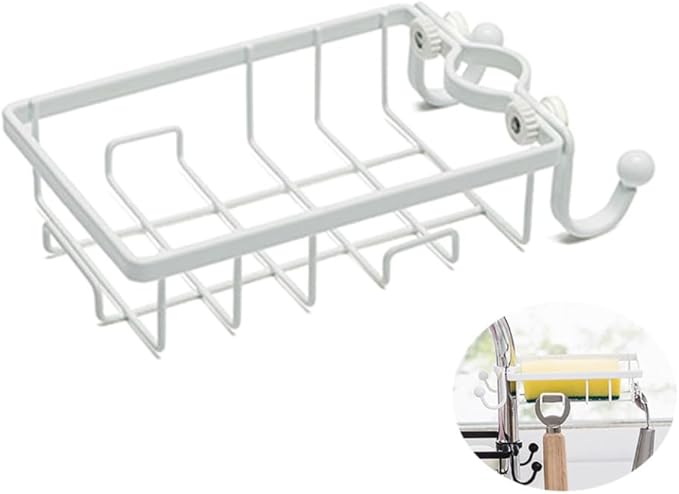 Faucet Storage Rack with Rust-resistant Plastic and Iron Wire Sponge Holder for Kitchen Sink Dishcloth Organizer with Hooks Easy Installation Without Drilling White