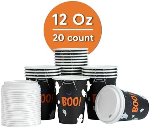 Restaurantware-Restpresso 12 Ounce Halloween Party Cups, 20 Disposable Hot Cups With Plastic Lids - Spooky Ghost Design, Rolled Rim, Black Paper Coffee Cups, Single Wall, Serve Hot And Cold Drinks