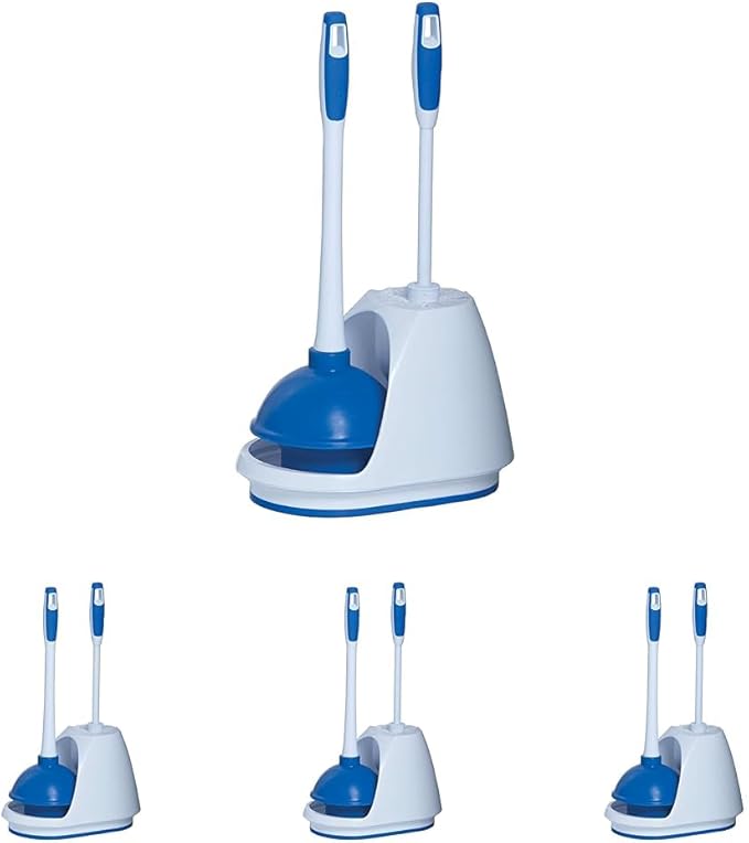 Mr. Clean Toilet Plunger and Bowl Brush Combo with Caddy, 3-Piece Heavy-Duty Plunger, Toilet Brush, and Caddy Set, White/Blue (Pack of 4)
