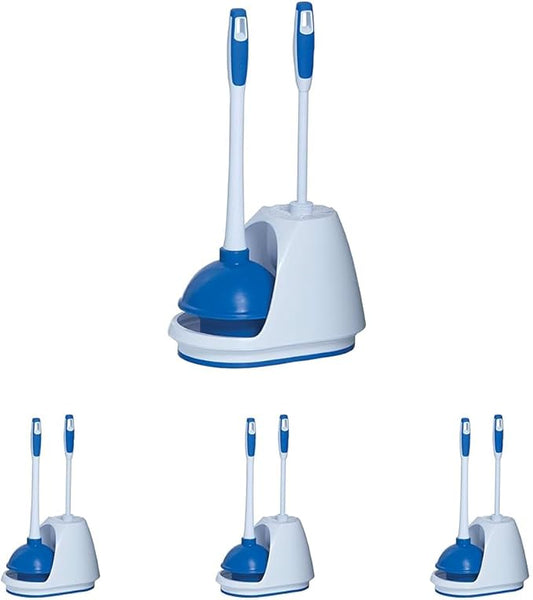 Mr. Clean Toilet Plunger and Bowl Brush Combo with Caddy, 3-Piece Heavy-Duty Plunger, Toilet Brush, and Caddy Set, White/Blue (Pack of 4)