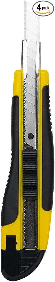 Handy Tek 5.3 Inch Blade Knives, 4 Retractable Utility Knives - Snap Off Blade, Built-In Lock, Yellow Plastic Breakaway Knives, Heavy Duty, Sharp Blade - Restaurantware