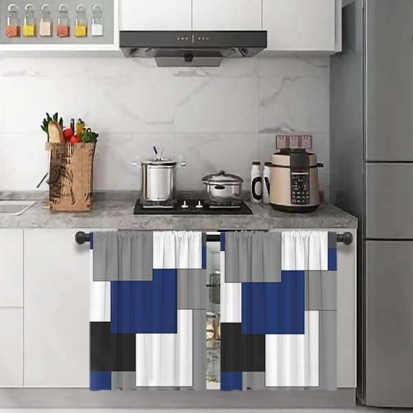 MCALK Navy Blue Blackout Kitchen Curtains Tiers Set 2 Piece for Windows Grey and Black Kitchen Window Curtains Set,White Modern Abstract Art Valances for Living Room(24" Tiers Set)