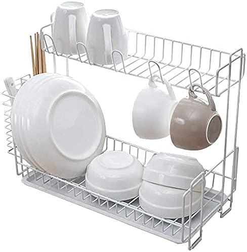 Anti Rust Dish Drainer Rack Anti-Rust Set with Removable Drain Board and Glass Holder for Kitchen Counter Top 2 Layer Modern Organizer Cutlery Basket Drain Shelf