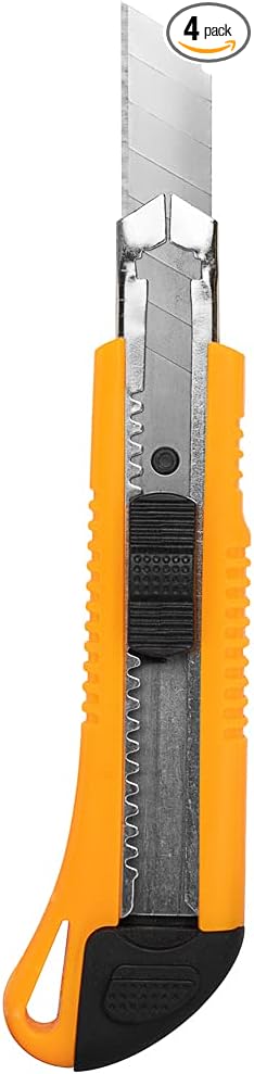Handy Tek 6.5 Inch Utility Knives, 4 Anti-Slip Box Knives - Heavy Duty, Retractable, Yellow Plastic Box Cutters, Built-In Lock, Sharp Blade - Restaurantware