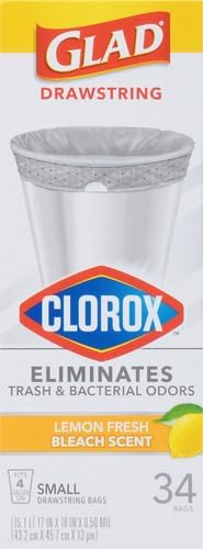 Glad Small Drawstring Trash Bags with Clorox, 4 Gal, Lemon Fresh Bleach, 34 Ct (Package May Vary) (Pack of 6)