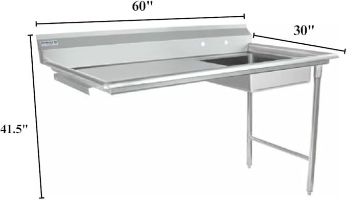 Empura 60" Wide Stainless Steel Soiled Dishtable, Undercounter Right Hand Side Commercial Worktop Table for Restaurant Diner Cafeteria Kitchen, 7.5" Backsplash, 60" W x 30" D x 41.5" H, 16-Gauge, NSF