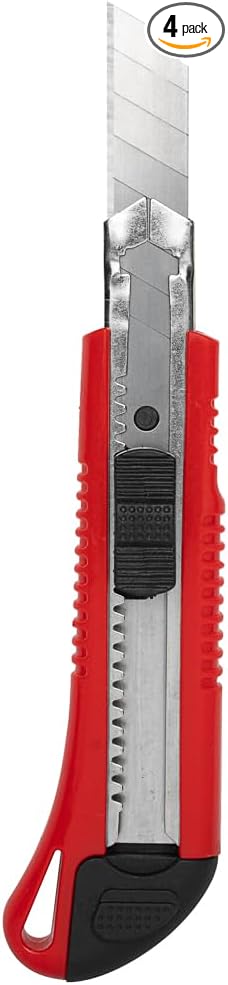 Handy Tek 6.5 Inch Utility Knives, 4 Anti-Slip Box Knives - Heavy Duty, Retractable, Red Plastic Box Cutters, Built-In Lock, Sharp Blade - Restaurantware
