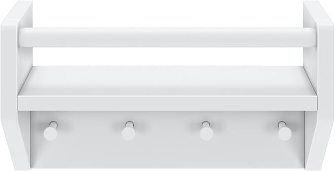 Max & Lily Wall Shelf with Pegs, 16 Inch Floating Bookshelf for Kids Room, Solid Wood Wall-Mounted Storage Shelf with Hooks for Backpacks, Jackets & Décor, White