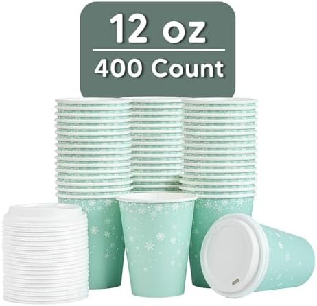 Restaurantware-Restpresso 12 Ounce Drinking Cups, 400 Hot Cups With Plastic Lids - Snowflake Design, Disposable, Light Blue Paper Coffee Cup, For Christmas Parties, Serve Hot And Cold Drinks