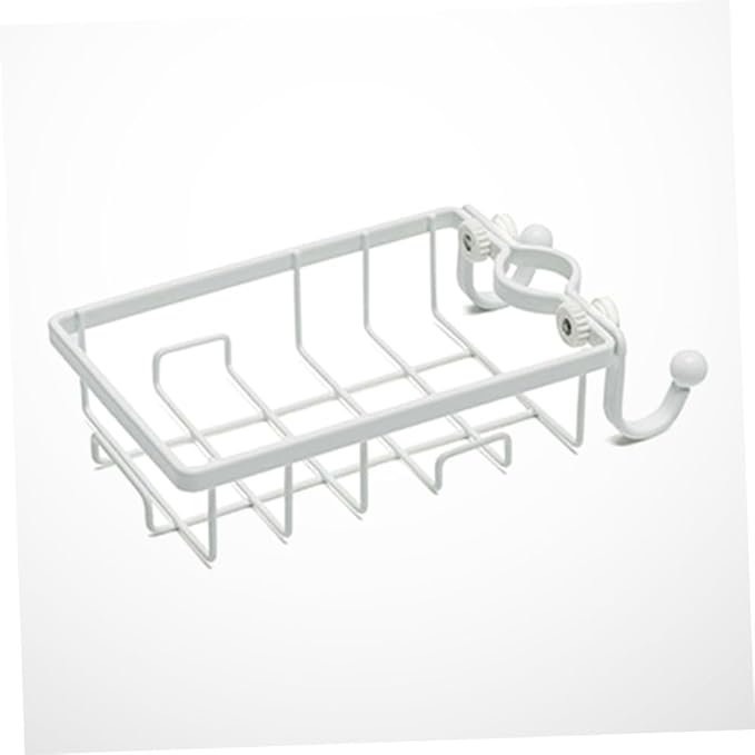Faucet Clamp Sponge Holder Kitchen Sink Organizer with Wire Rack and Hooks Plastic Iron Dishcloth Storage for Dry Soap and Sponge Easy Install No Drilling White