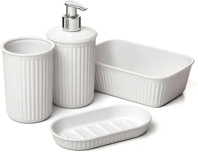 Decorative Plastic Bathroom Accessories Set, White (Set of 4) Soap Dish, Liquid Dispenser, Toothbrush Holder Cup, Vanity Organizer Tray - Bath Accessory Countertop Decor Gift - Ribbed Design