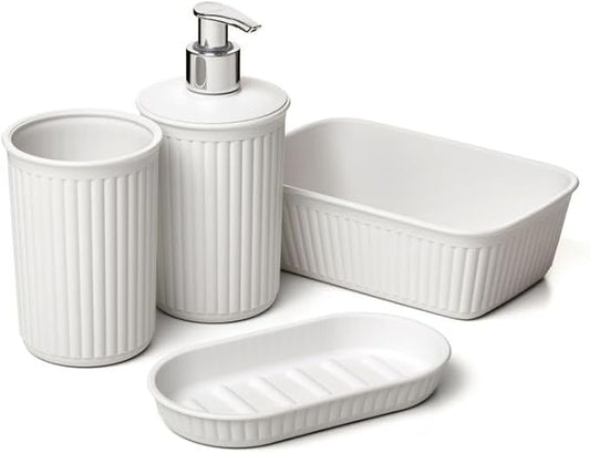 Decorative Plastic Bathroom Accessories Set, White (Set of 4) Soap Dish, Liquid Dispenser, Toothbrush Holder Cup, Vanity Organizer Tray - Bath Accessory Countertop Decor Gift - Ribbed Design