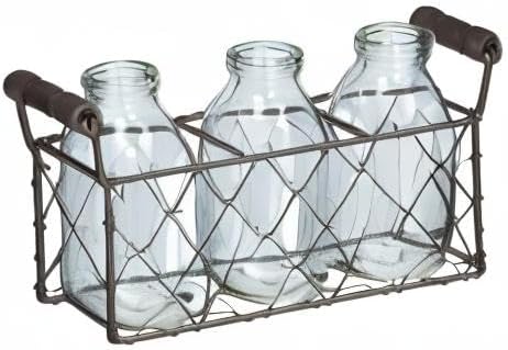 Chicken Wire Rectangle Decorative Metal Basket with Three Glass Bottles