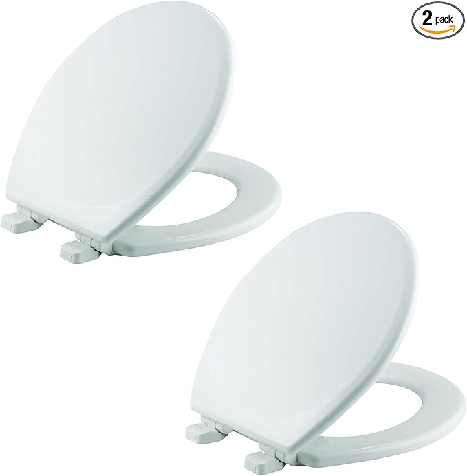 Mayfair Linden Slow Close Toilet Seat, Non Slip Heavy Duty Wood, Easy Install, Made in USA, Round, White, 2 Pack