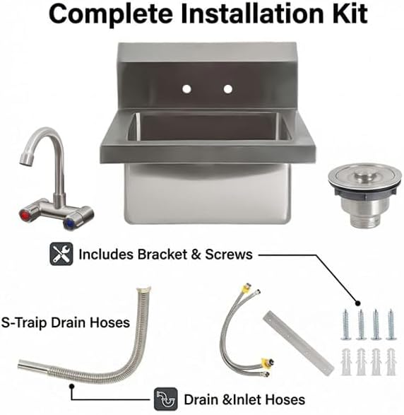 GarveeTech Commercial Stainless Steel Hand Wash Sink, Small Wall Mount or Drop-in Handwashing Basin with Swivel Faucet, 3-Side Backsplash, Drain Kit for Restaurant Kitchen Bar Garage