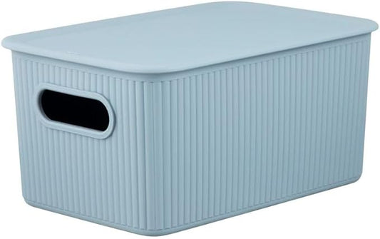 Superio Ribbed Collection - Decorative Plastic Basket Open Home Storage Bins Organizer, Blue Container Boxes for Organizing Closet Storage Bins for Shelves (Bin with Lid- Medium (5 Liter), 1 Pack)